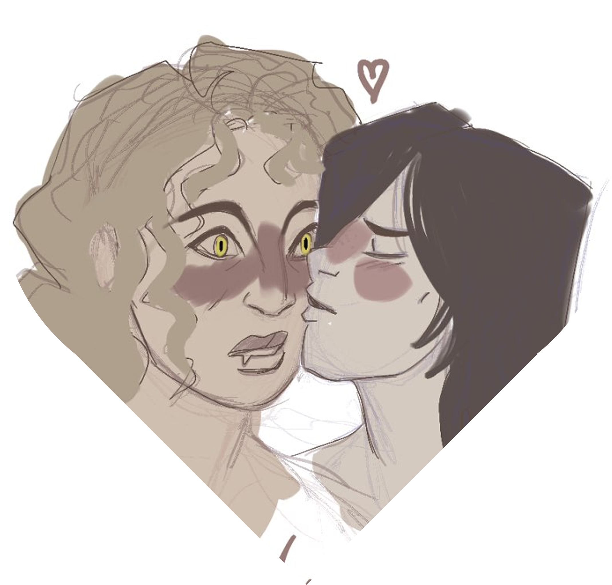 self-insert ocs, Roseta, with a suprised face is getting a cheek kiss from Annabelle